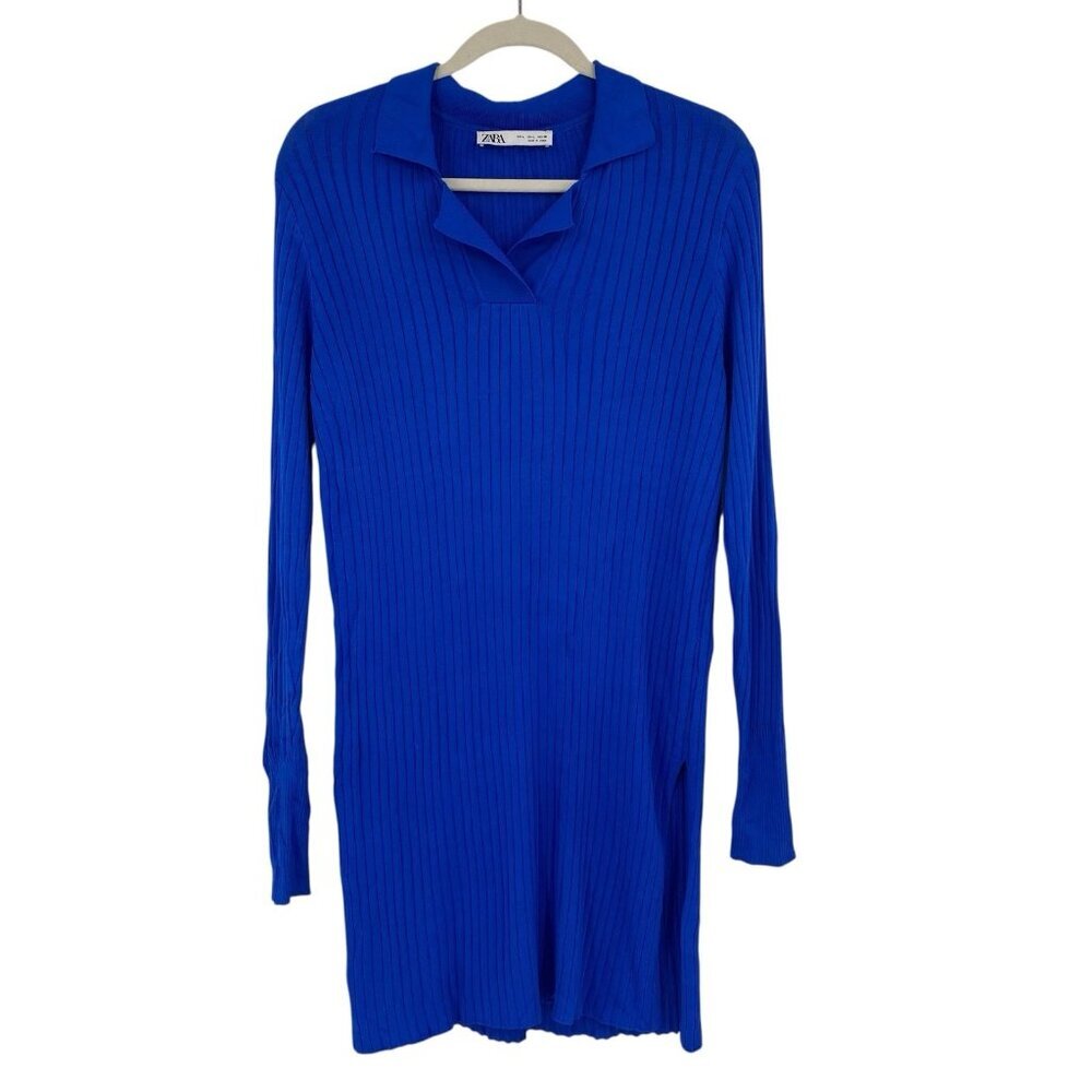 ZARA SIZE LARGE COBALT BLUE RIBBED COLLAR V NECK TUNIC JUMPER VISCOSE